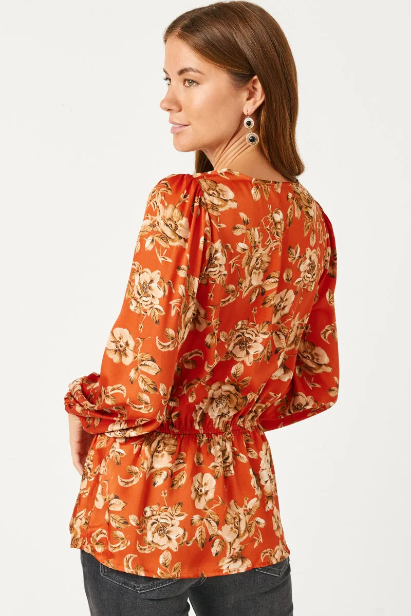 Womens Satin Like Buttoned Floral Peplum Blouse sold by Hayden product image thumbnail 5
