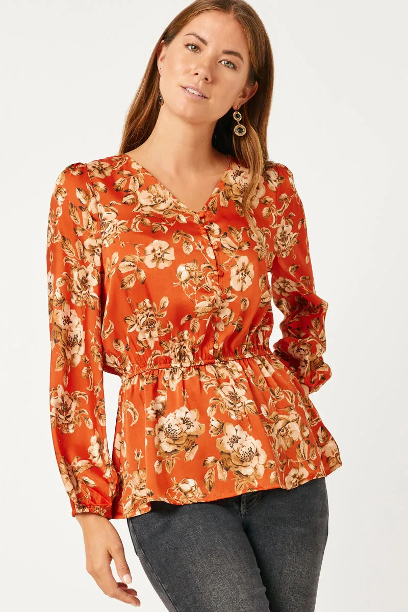 Womens Satin Like Buttoned Floral Peplum Blouse sold by Hayden product image thumbnail 3