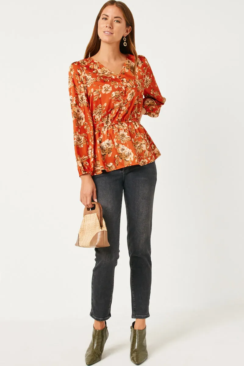 Womens Satin Like Buttoned Floral Peplum Blouse sold by Hayden