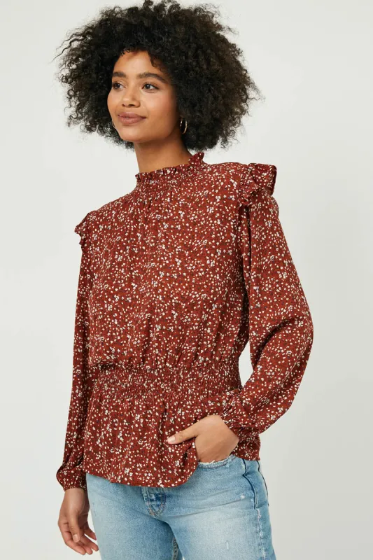 Womens Smock Waist Ruffled Shoulder Peplum Top sold by Hayden