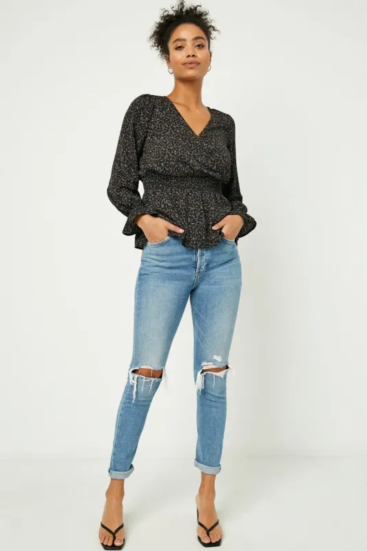 Womens Smocked Waist Surplice Peplum Top sold by Hayden