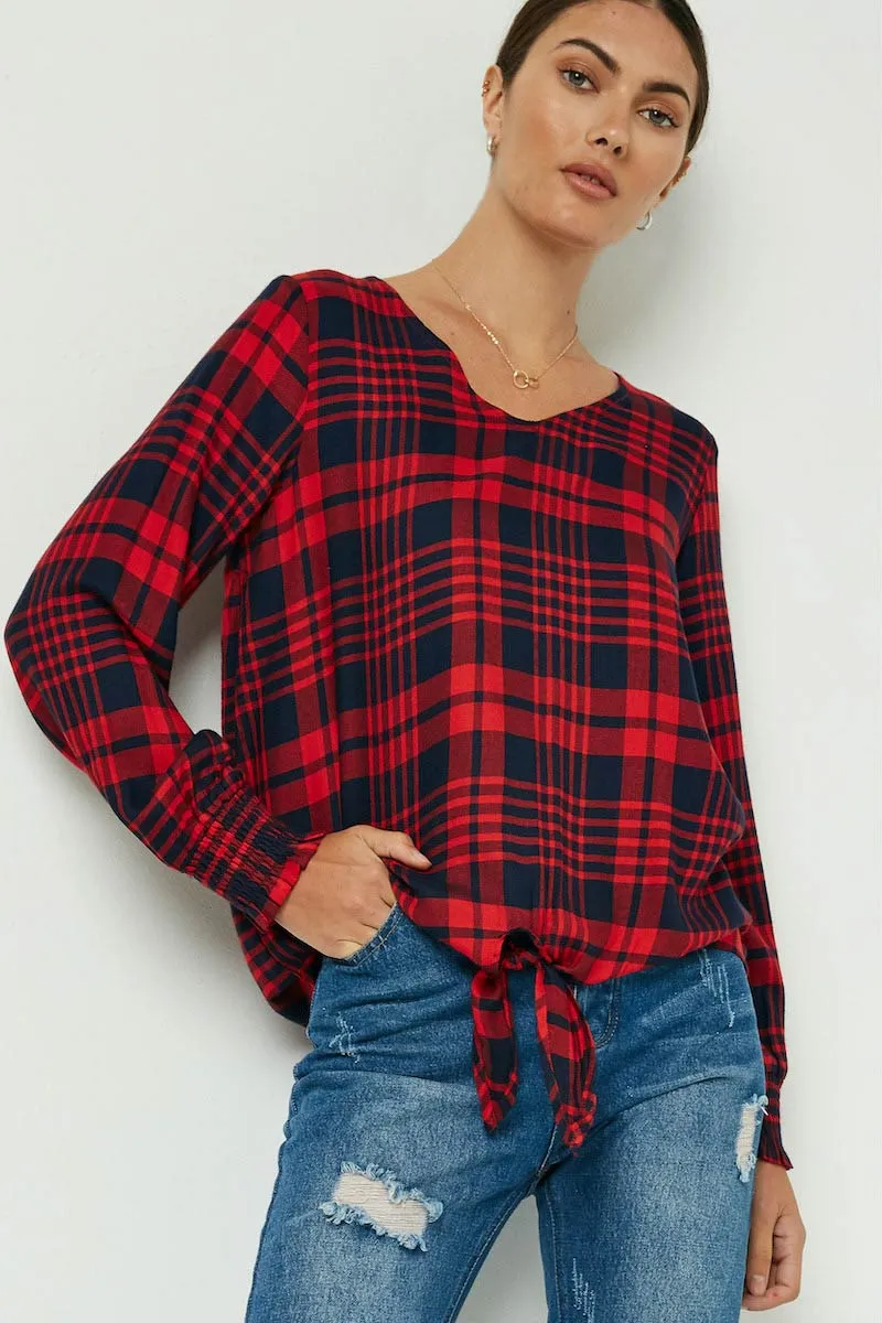Womens Woven Plaid Tie Front Smock Cuff Top sold by Hayden
