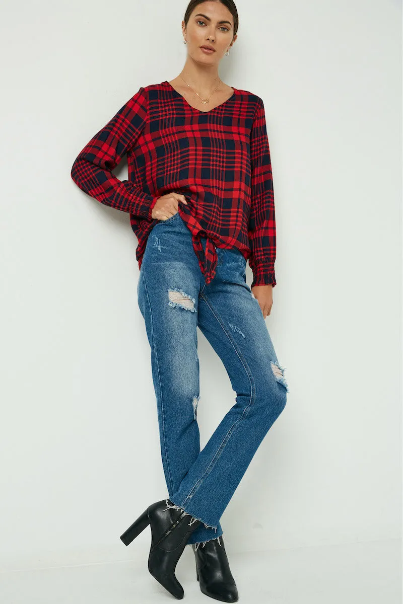 Womens Woven Plaid Tie Front Smock Cuff Top sold by Hayden product image thumbnail 4