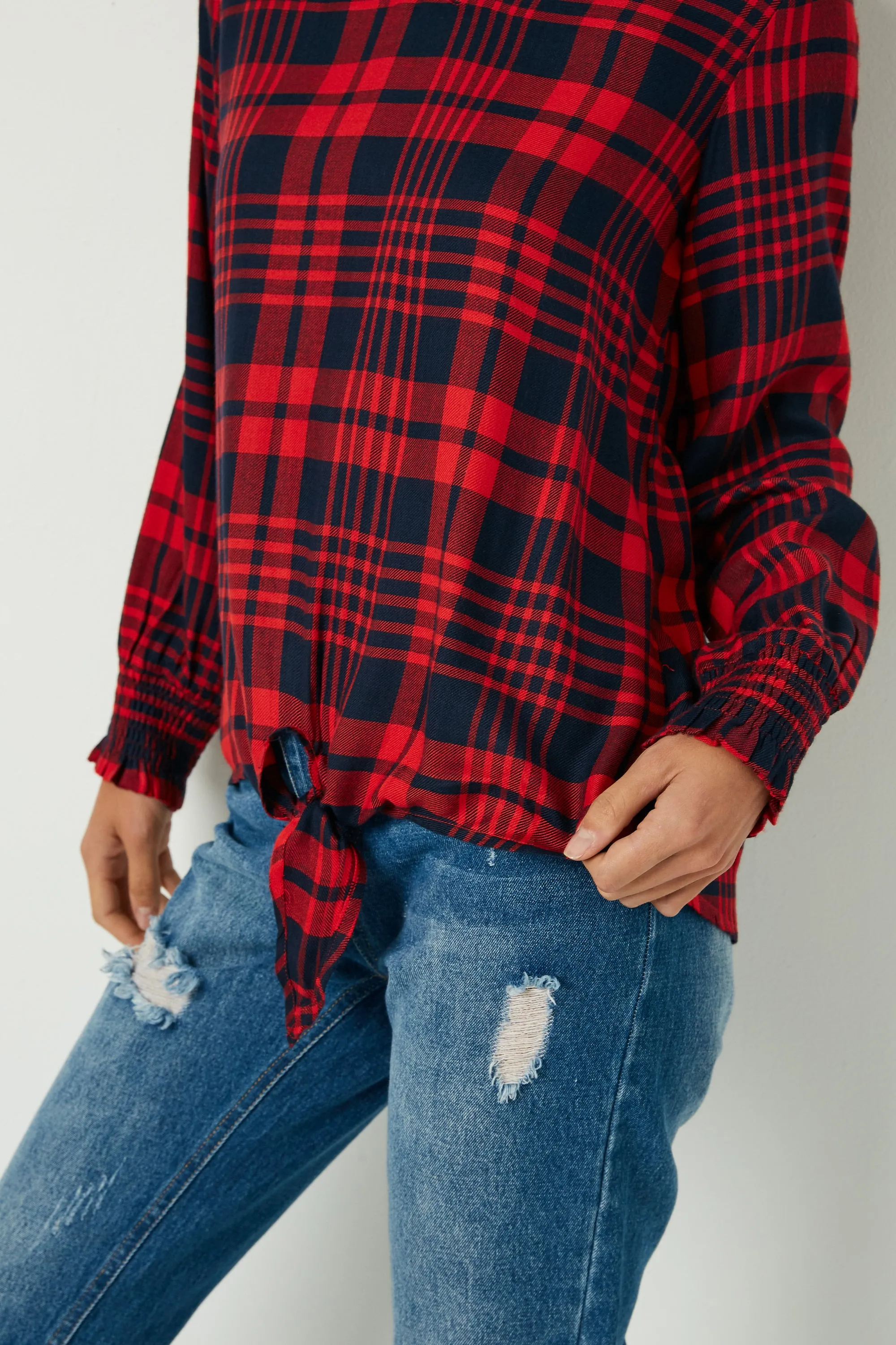 Womens Woven Plaid Tie Front Smock Cuff Top sold by Hayden product image thumbnail 2