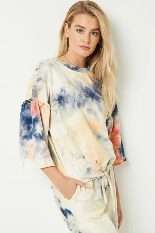 Womens Tie Dye Ruffle Sleeve Tie Front Top sold by Hayden