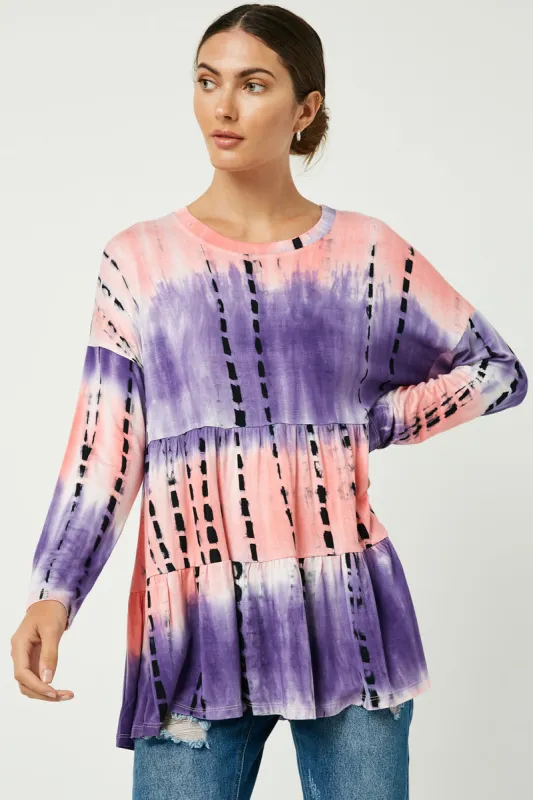 Womens Long Sleeve Tie Dye Tiered Top sold by Hayden