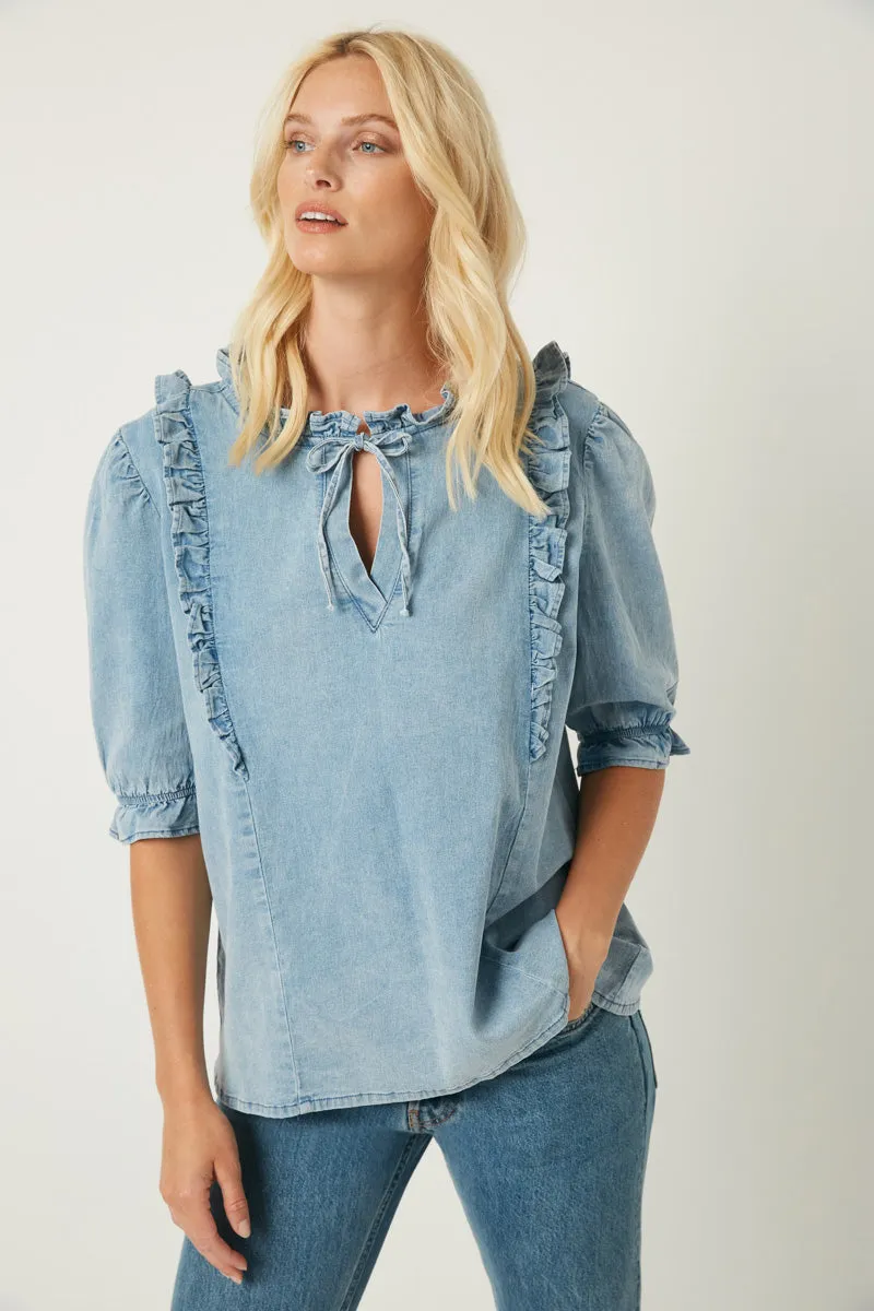 Womens Ruffled Denim Blouse sold by Hayden