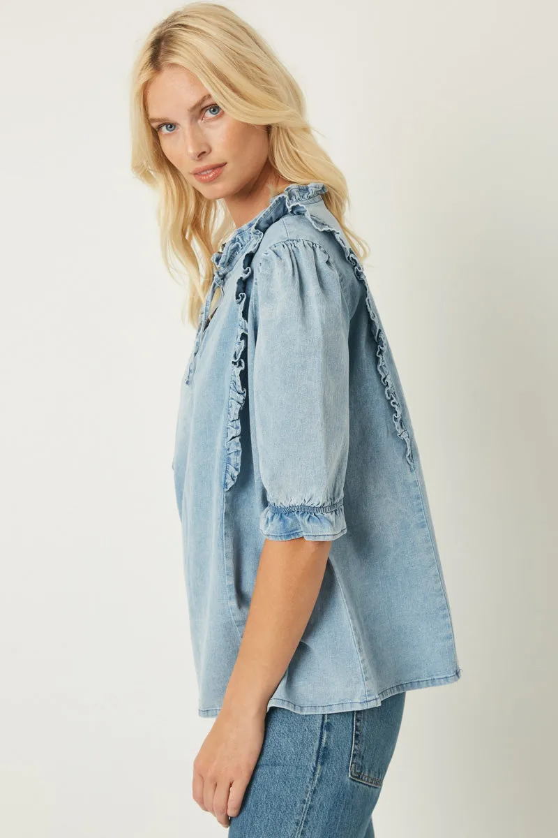 Womens Ruffled Denim Blouse sold by Hayden product image thumbnail 4