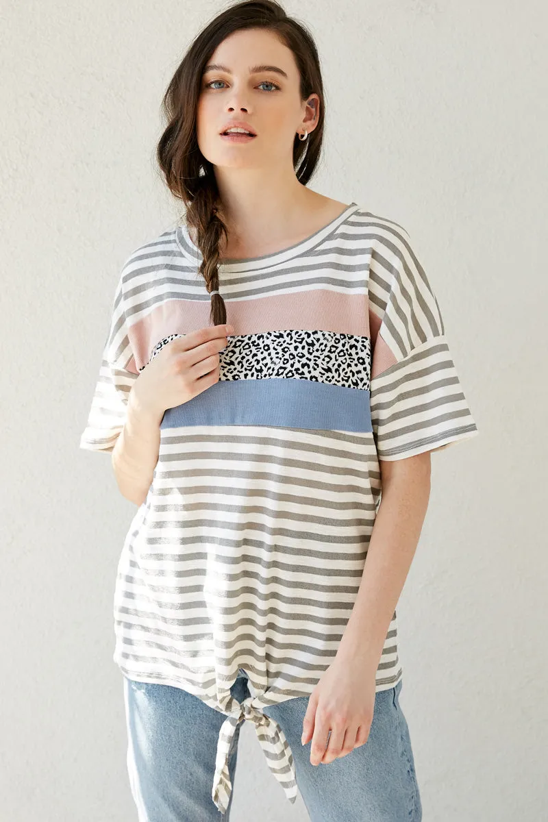 Womens Contrast Panel Stripe Tie Front T Shirt sold by Hayden