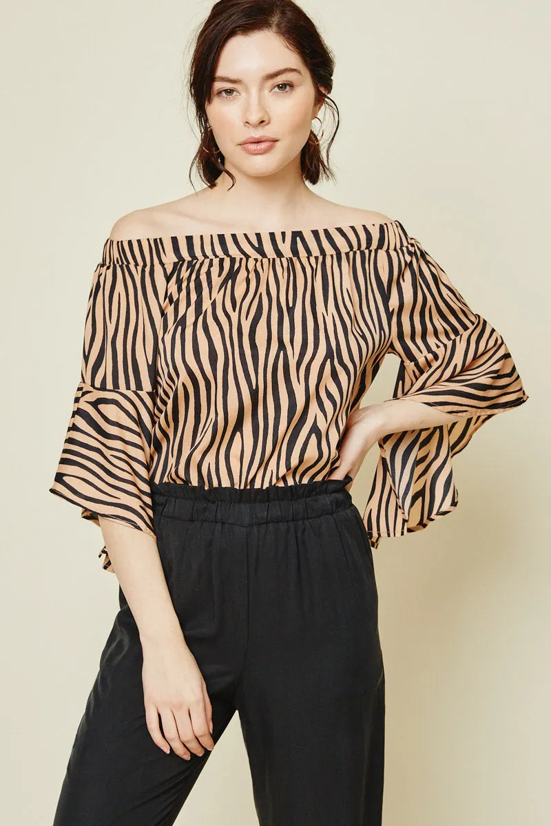 Womens Zebra Bell Sleeve Off-Shoulder Top sold by Hayden
