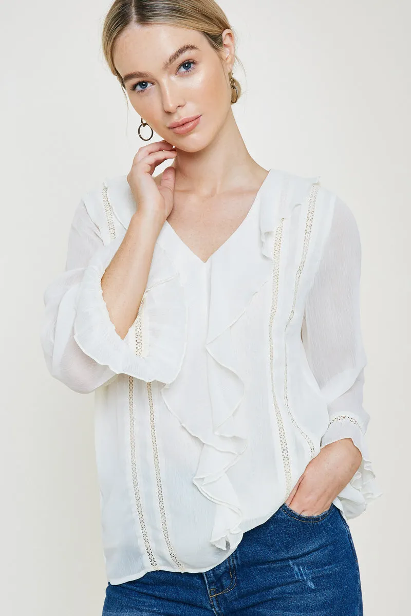 Womens Plunging Ruffle Lace Trim Top sold by Hayden