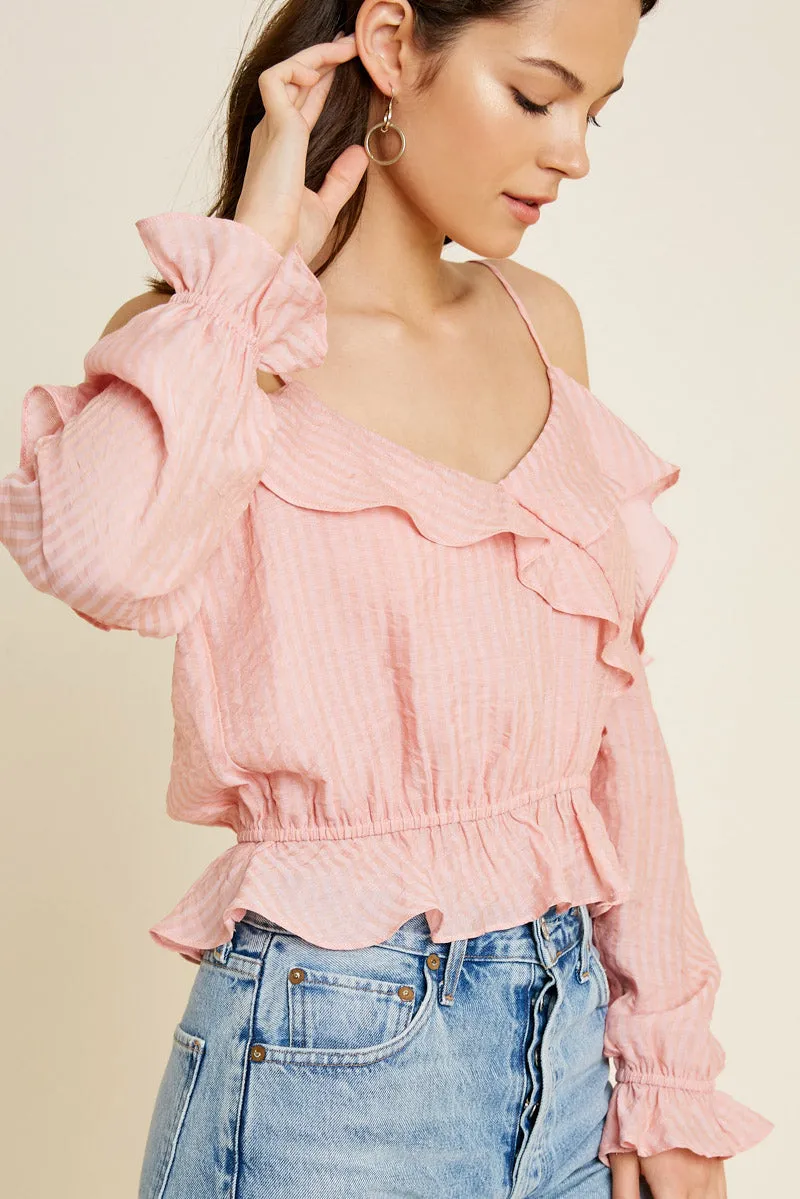 Womens Cold-Shoulder Stripe Ruffle Crop Top sold by Hayden product image thumbnail 5