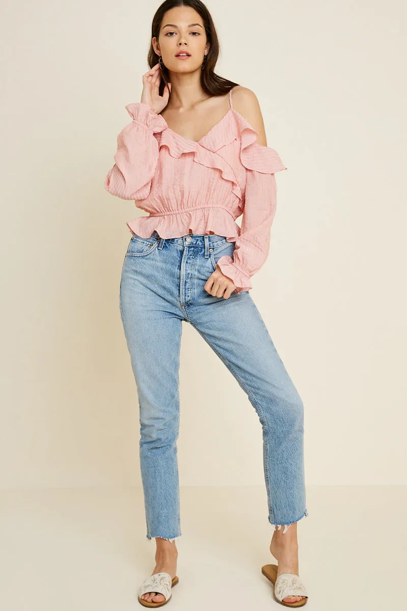 Womens Cold-Shoulder Stripe Ruffle Crop Top sold by Hayden product image thumbnail 3