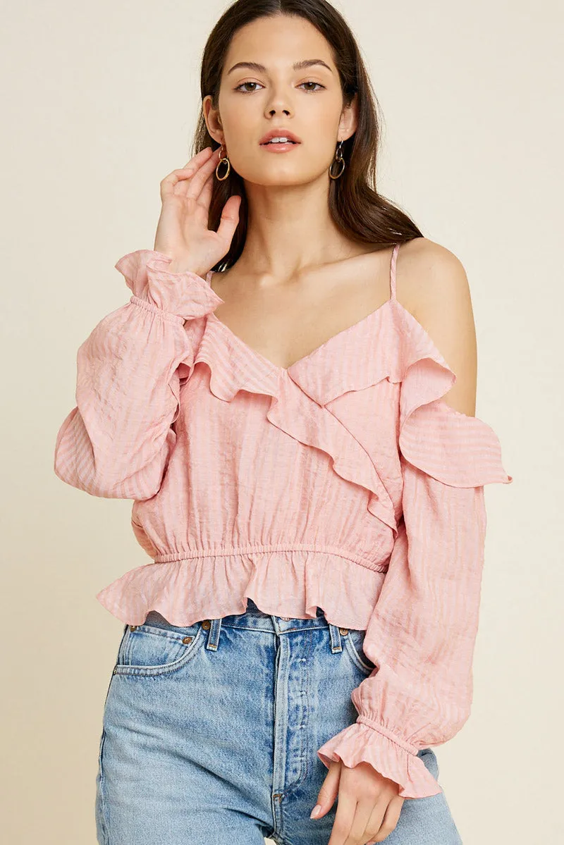 Womens Cold-Shoulder Stripe Ruffle Crop Top sold by Hayden