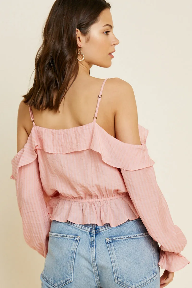 Womens Cold-Shoulder Stripe Ruffle Crop Top sold by Hayden product image thumbnail 2