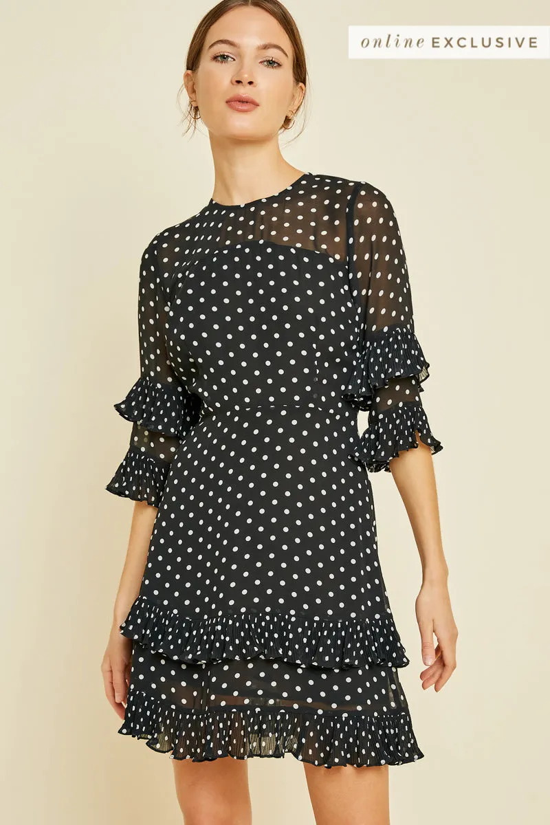 Womens Pleated Polka-Dot Ruffle Shift Dress sold by Hayden