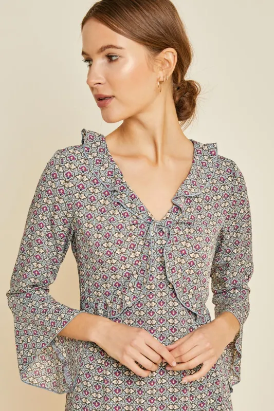 Womens Floral V-neckBell Sleeve High Low Hemline Midi Dress made by Hayden
