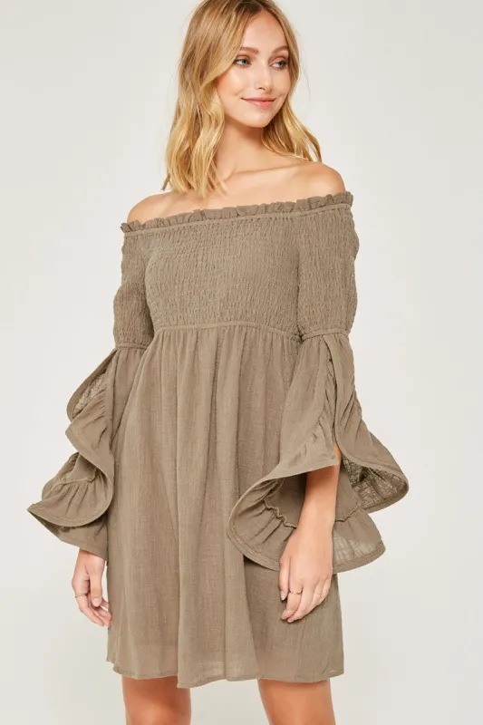 Womens Smocked Off-Shoulder Bell Sleeve Dress sold by Hayden