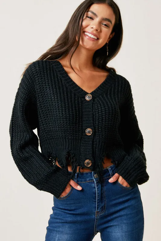 Womens Distressed Hem Button-Down Cropped Cardigan sold by Hayden