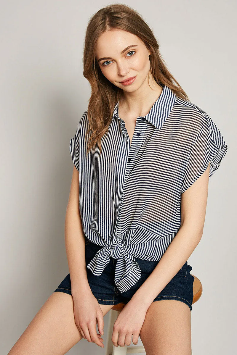 Womens Stripe Button-Down Sheer Top sold by Hayden