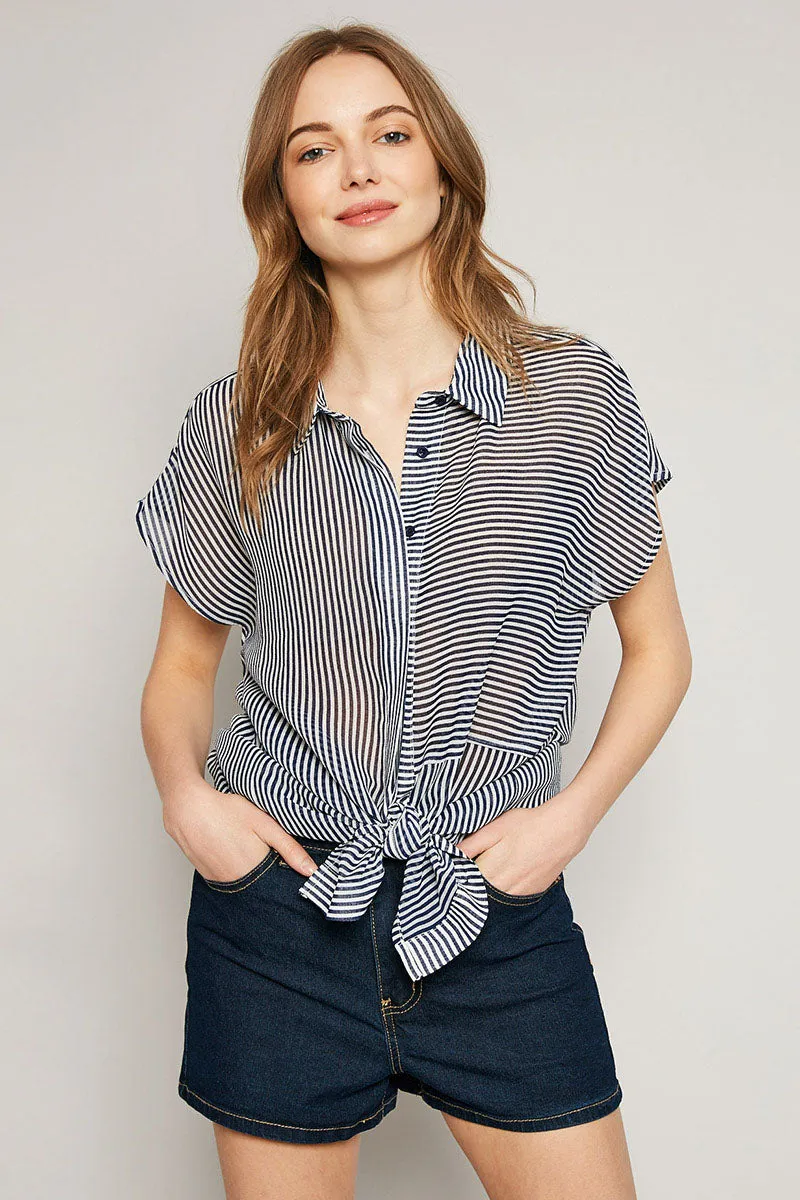 Womens Stripe Button-Down Sheer Top sold by Hayden product image thumbnail 4