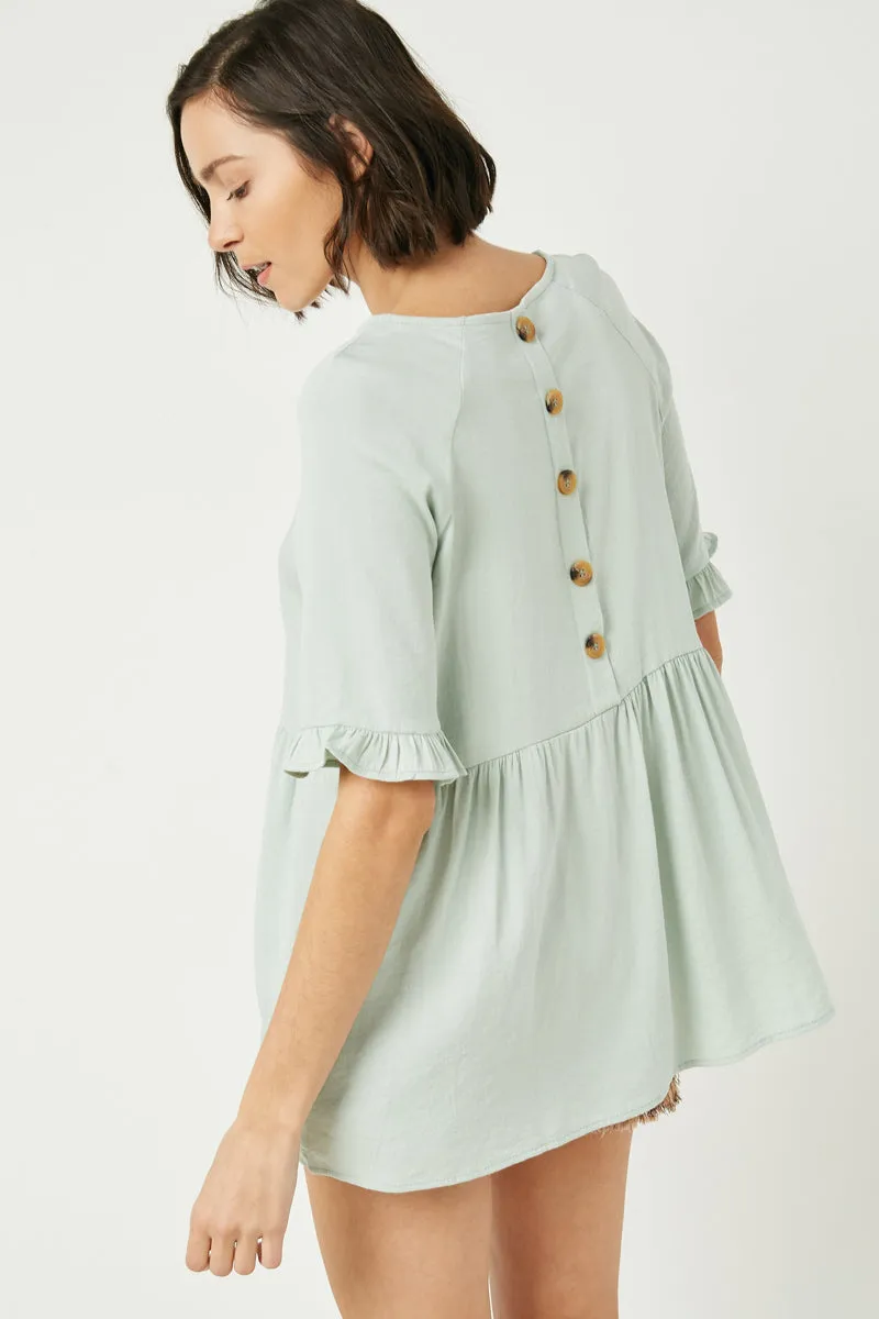 Womens Ruffle Sleeve Button Back Peplum Top sold by Hayden
