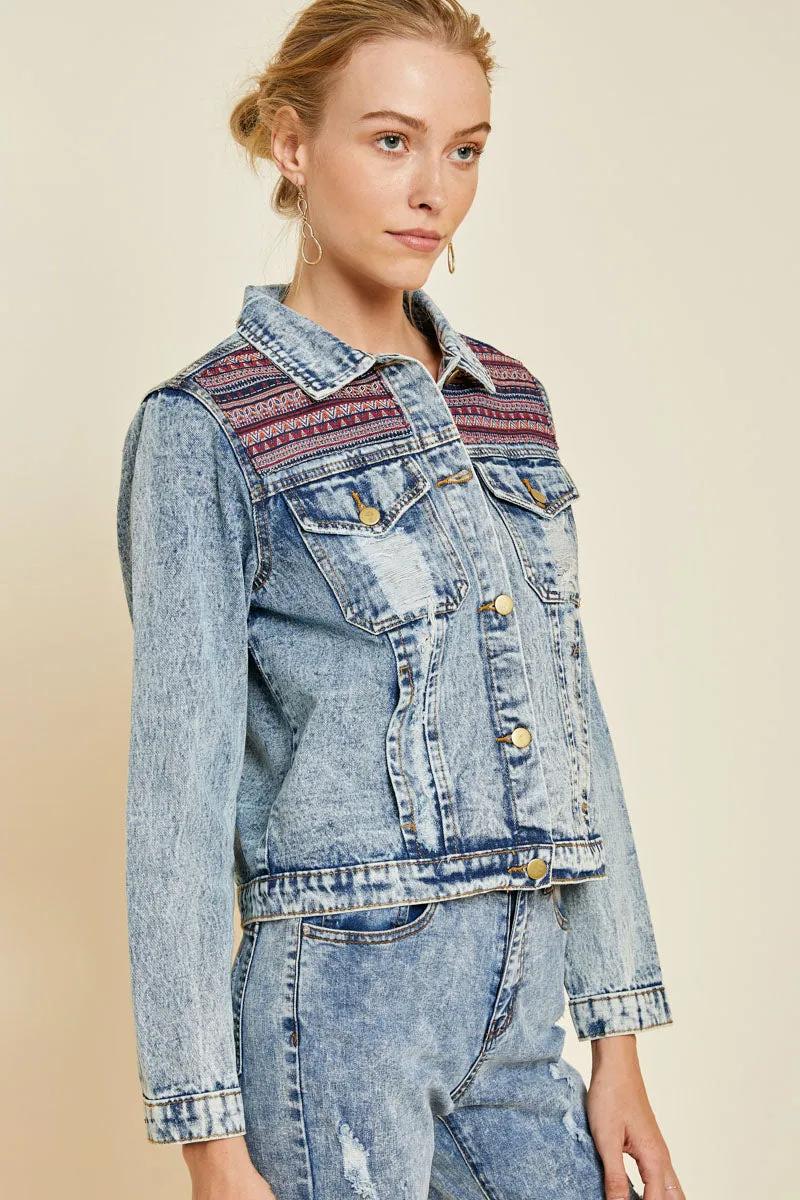 Womens Distressed Patterned Denim Jacket sold by Hayden product image thumbnail 3