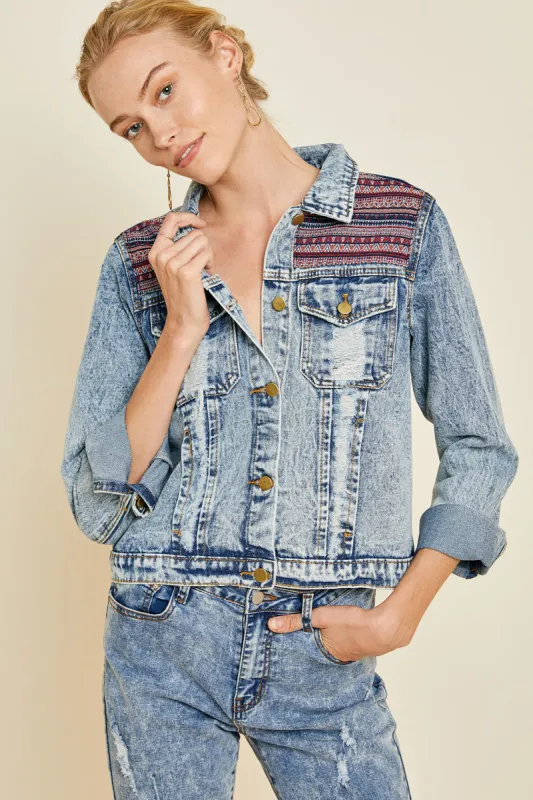 Womens Distressed Patterned Denim Jacket sold by Hayden