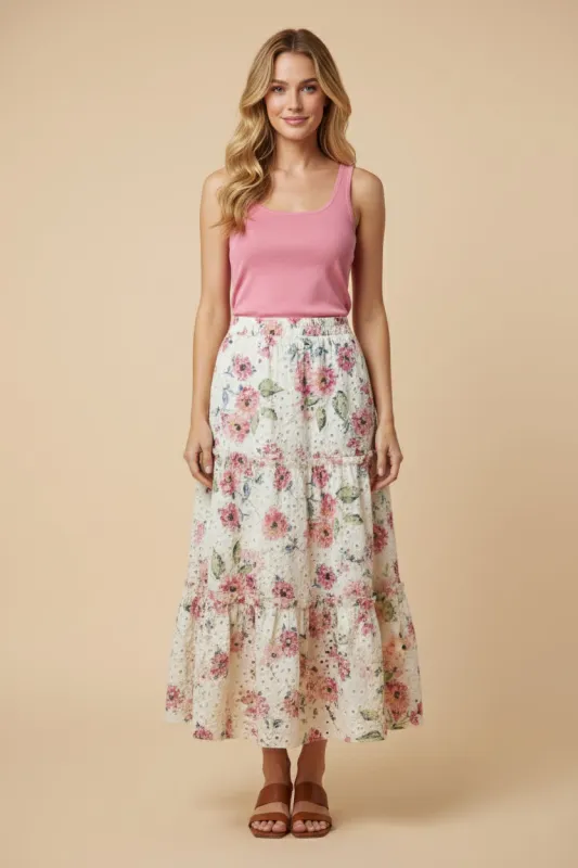 Womens Floral Printed Crochet Eyelet Skirt sold by Hayden