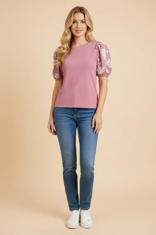 Womens Embroidered Contrast Sleeve Knit Top sold by Hayden