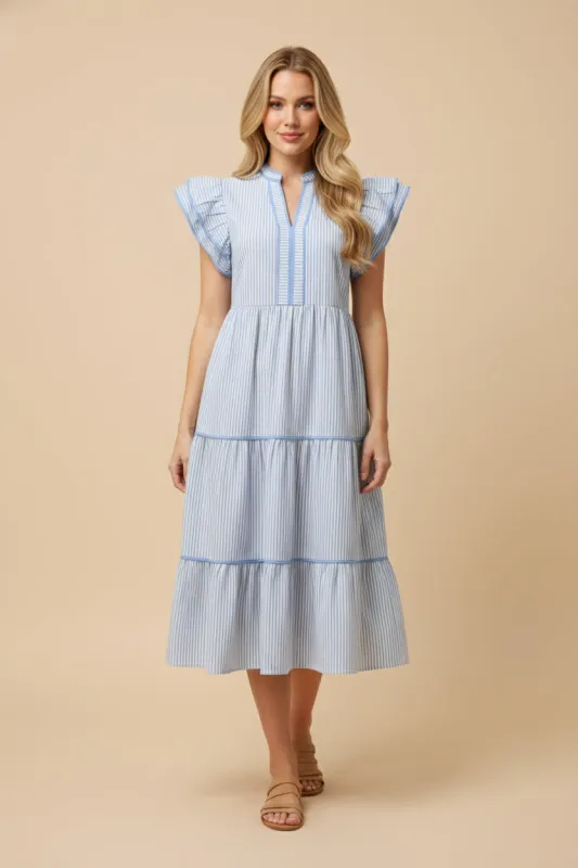 Womens Pinstripe Contrast Piped Double Ruffle Sleeveless Dress sold by Hayden