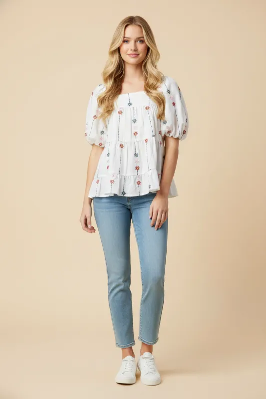 Womens Floral Embroidered Puff Sleeve Tiered Top sold by Hayden