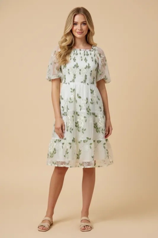 Womens Floral Embroidered Organza Smocked Dress sold by Hayden