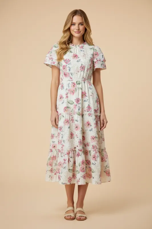 Womens Floral Lace Eyelet Ruffle Detail Dress sold by Hayden