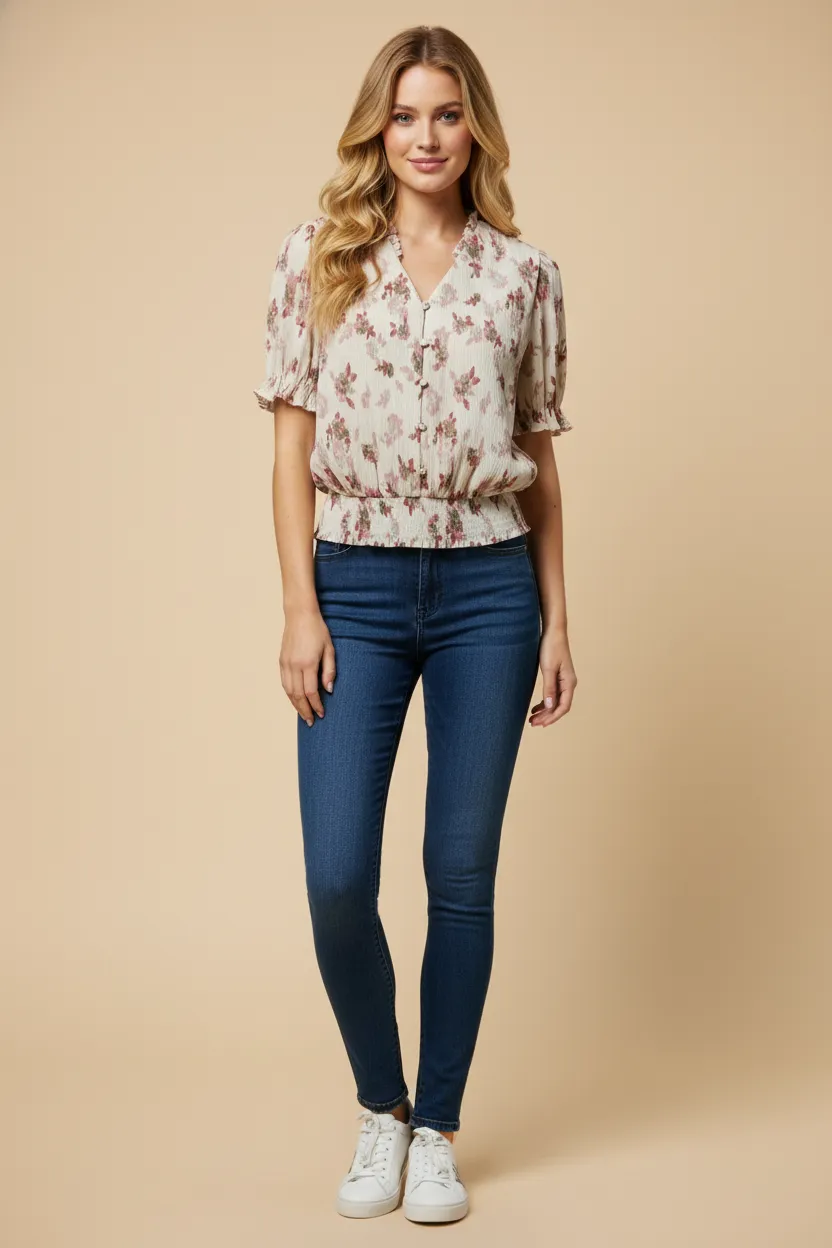 Womens Textured Floral Smock Hem Buttoned Blouse sold by Hayden