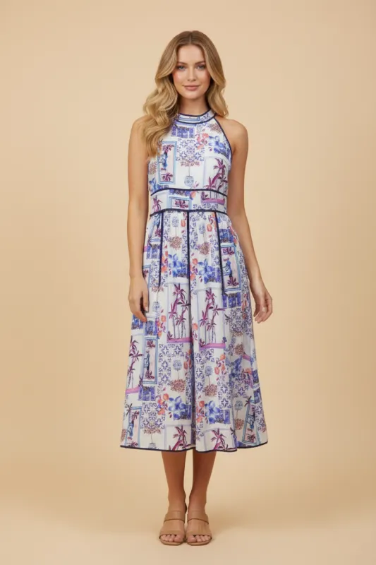 Womens Quilted Floral Print Contrast Piped Halter Neck Dress sold by Hayden