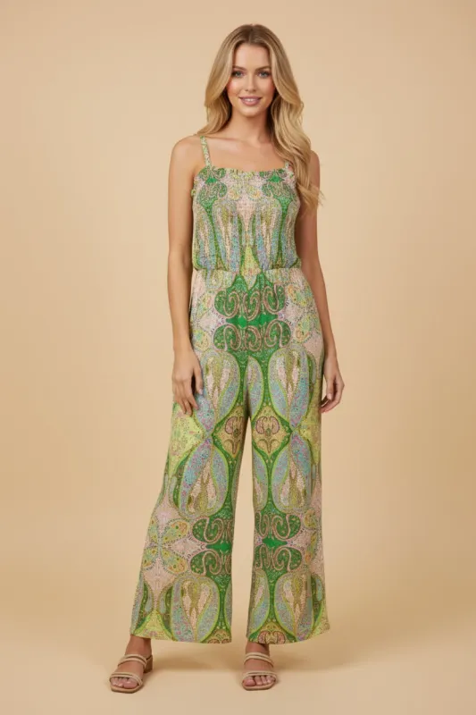Womens Paisley Print Smocked Sleeveless Jumpsuit sold by Hayden