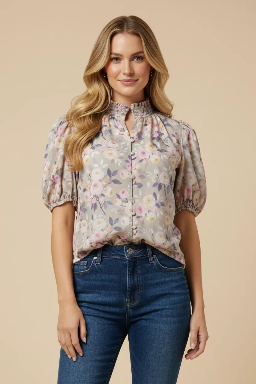 Womens Floral Button Up Smocked Collar Blouse sold by Hayden product image thumbnail 4