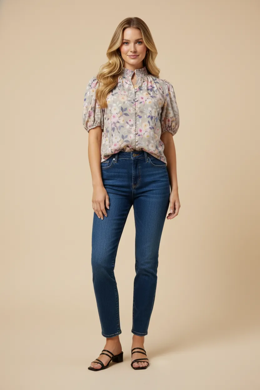 Womens Floral Button Up Smocked Collar Blouse sold by Hayden