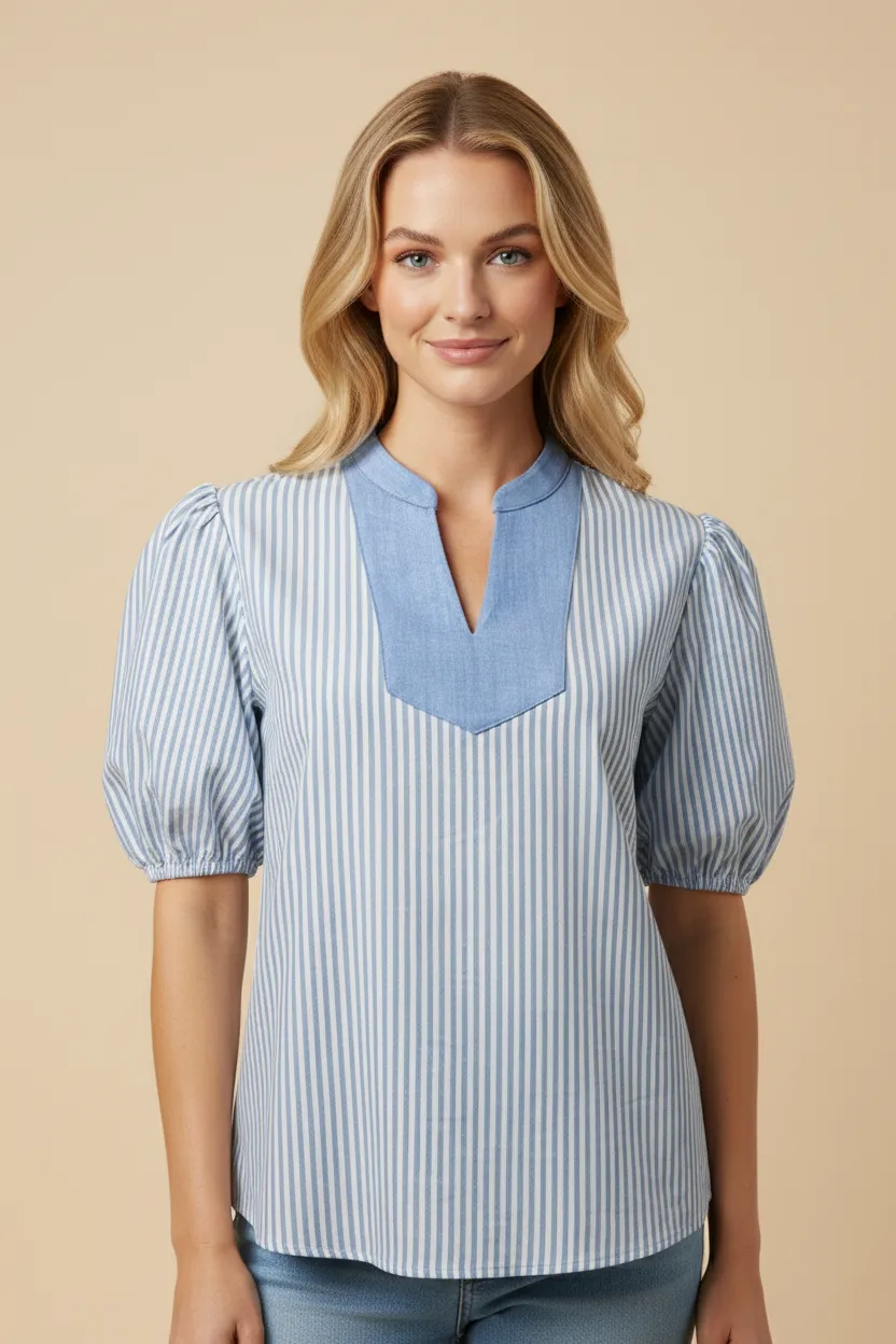 Womens Contrast Banded Notch Neck Striped Poplin Top sold by Hayden product image thumbnail 4