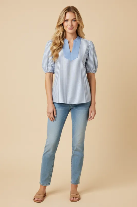 Womens Contrast Banded Notch Neck Striped Poplin Top sold by Hayden