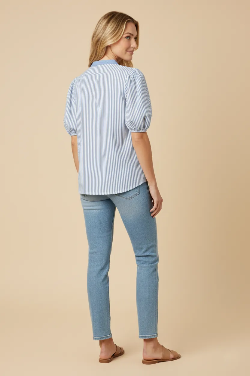 Womens Contrast Banded Notch Neck Striped Poplin Top sold by Hayden product image thumbnail 3