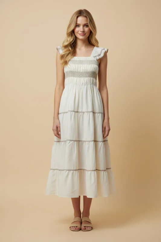 Womens Contrast Piping Detailed Smocked Ruffle Shoulder Dress sold by Hayden