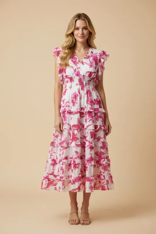 Womens Floral Print Pleated V Neck Ruffled Dress sold by Hayden