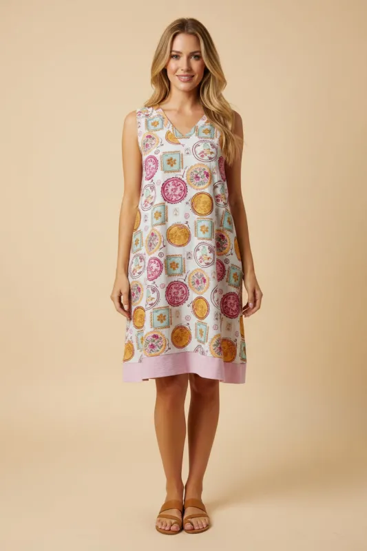 Womens Vintage Block Print Contrast Hem Sleeveless Dress sold by Hayden