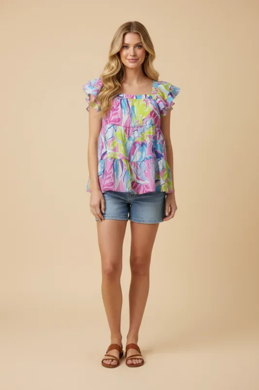 Womens Tropical Print Square Neck Ruffle Detail Top sold by Hayden