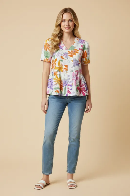 Womens Tropical Floral Banded V Neck Peplum Top sold by Hayden