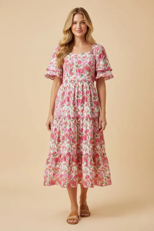 Womens Floral Contrast Piped Tulip Sleeve Dress sold by Hayden
