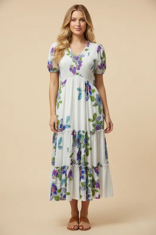 Womens V Neck Smocked Textured Floral Dress sold by Hayden