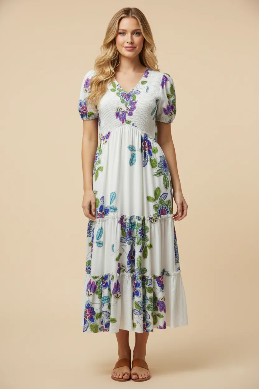 Womens V Neck Smocked Textured Floral Dress sold by Hayden